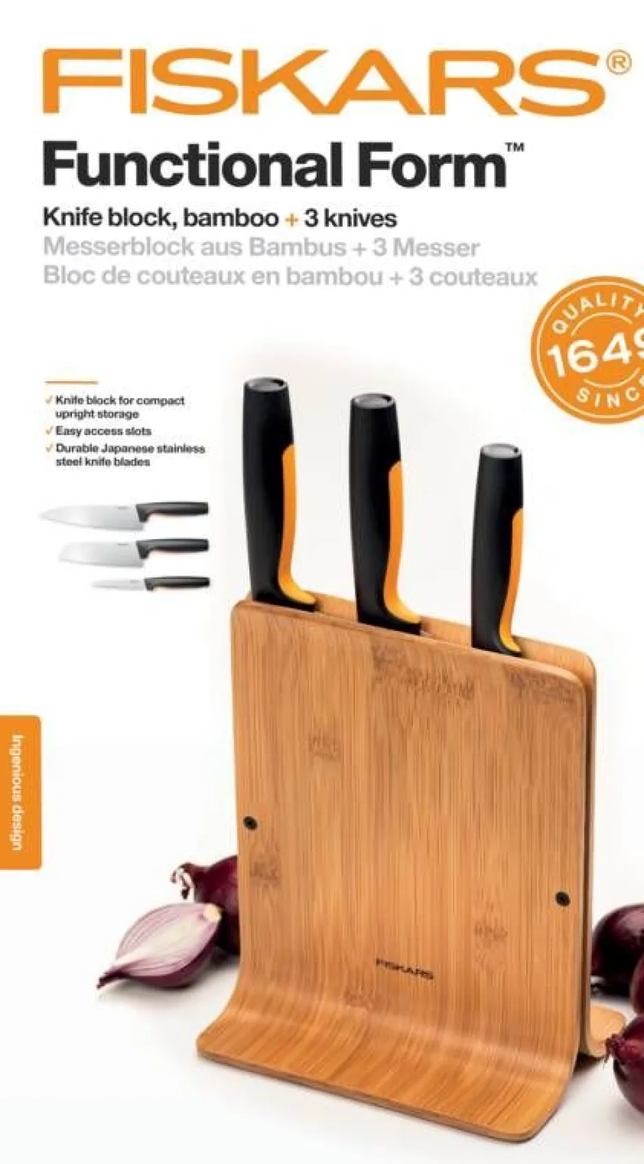 Fiskars Veitset Ja Leikkuulaudat*Functional Form veitsitukki bambu (sis. 3 veistä)