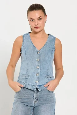 Freequent Liivit*farkkuliivi FqHalsay-waistcoat Light Blue Denim