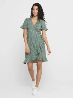 Only Vapaa-Ajan Mekot*mekko Onlolivia S/S Wrap Chinois green black spot